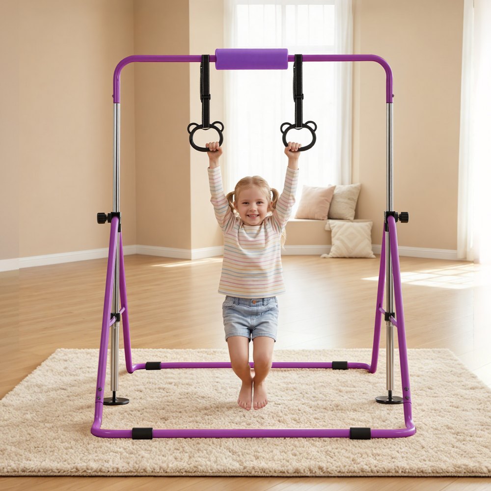 VEVOR Gymnastic Bars for Kids, 140 lbs Capacity Folding Training Kip Bar, Adjustable Height Gymnastic Horizontal Bar for Home, Training Equipment for Indoor and Outdoor, Easy to Assemble, Purple