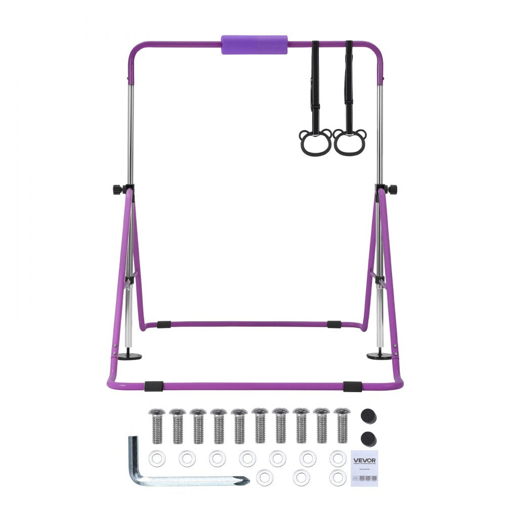 VEVOR Gymnastic Bars for Kids, 140 lbs Capacity Folding Training Kip Bar, Adjustable Height Gymnastic Horizontal Bar for Home, Training Equipment for Indoor and Outdoor, Easy to Assemble, Purple