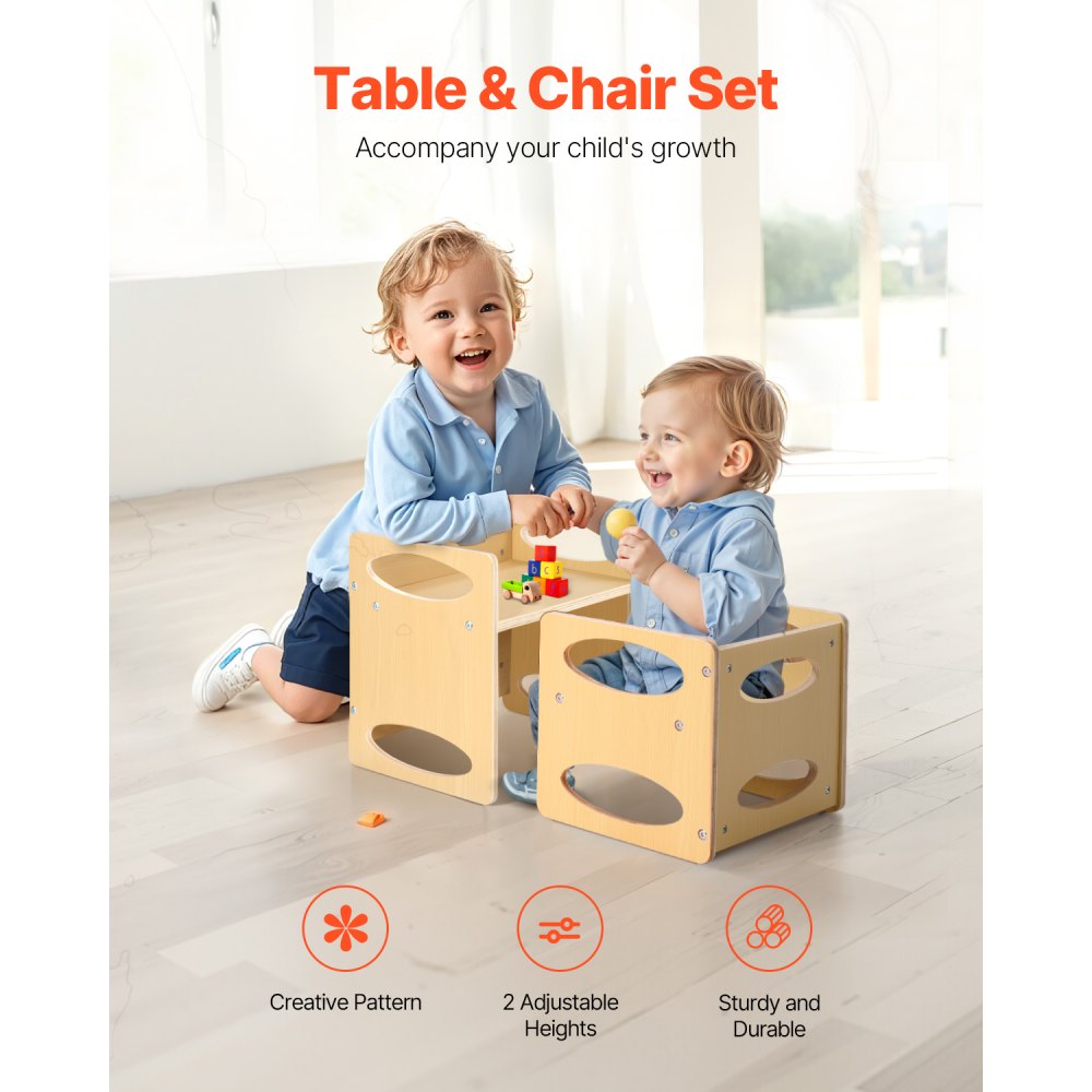 VEVOR Montessori Weaning Table and Chair Set, Wooden Toddler Table and Chair Set for Aged 1-5, Adjustable Height Kids Montessori Chair and Activity Table, Ideal for Reading, Eating, Playing - Natural