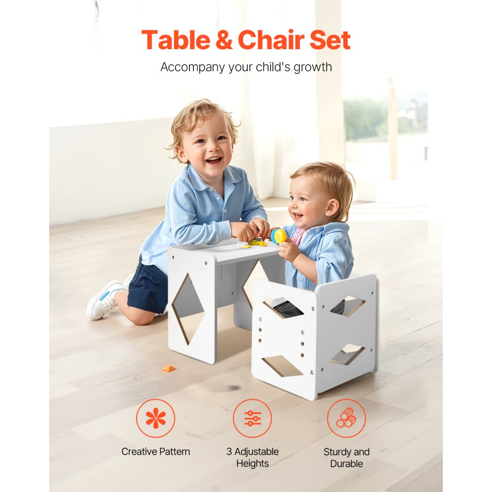 VEVOR Montessori Weaning Table and Chair Set, Wooden Toddler Table and Chair Set for Aged 1-5, Adjustable Height Kids Montessori Chair and Activity Table, Ideal for Reading, Eating, Playing - White