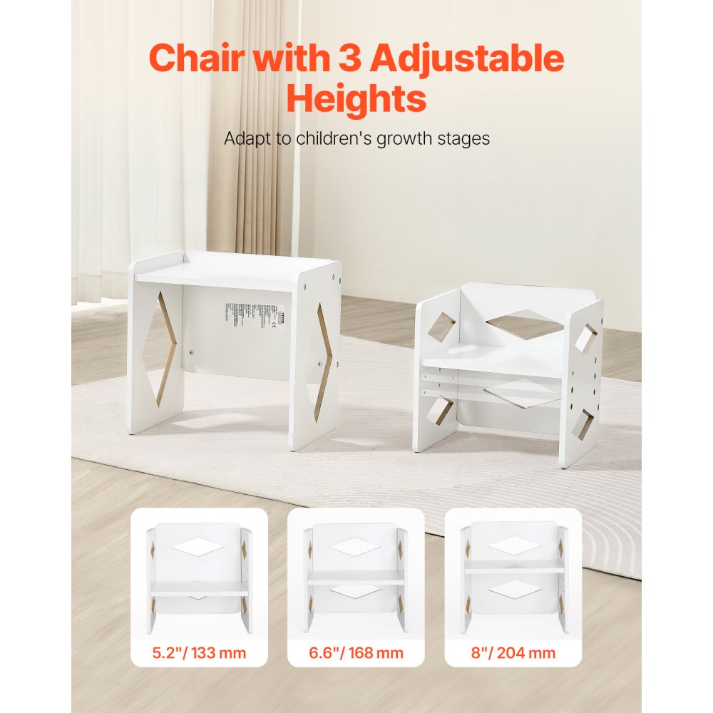VEVOR Montessori Weaning Table and Chair Set, Wooden Toddler Table and Chair Set for Aged 1-5, Adjustable Height Kids Montessori Chair and Activity Table, Ideal for Reading, Eating, Playing - White