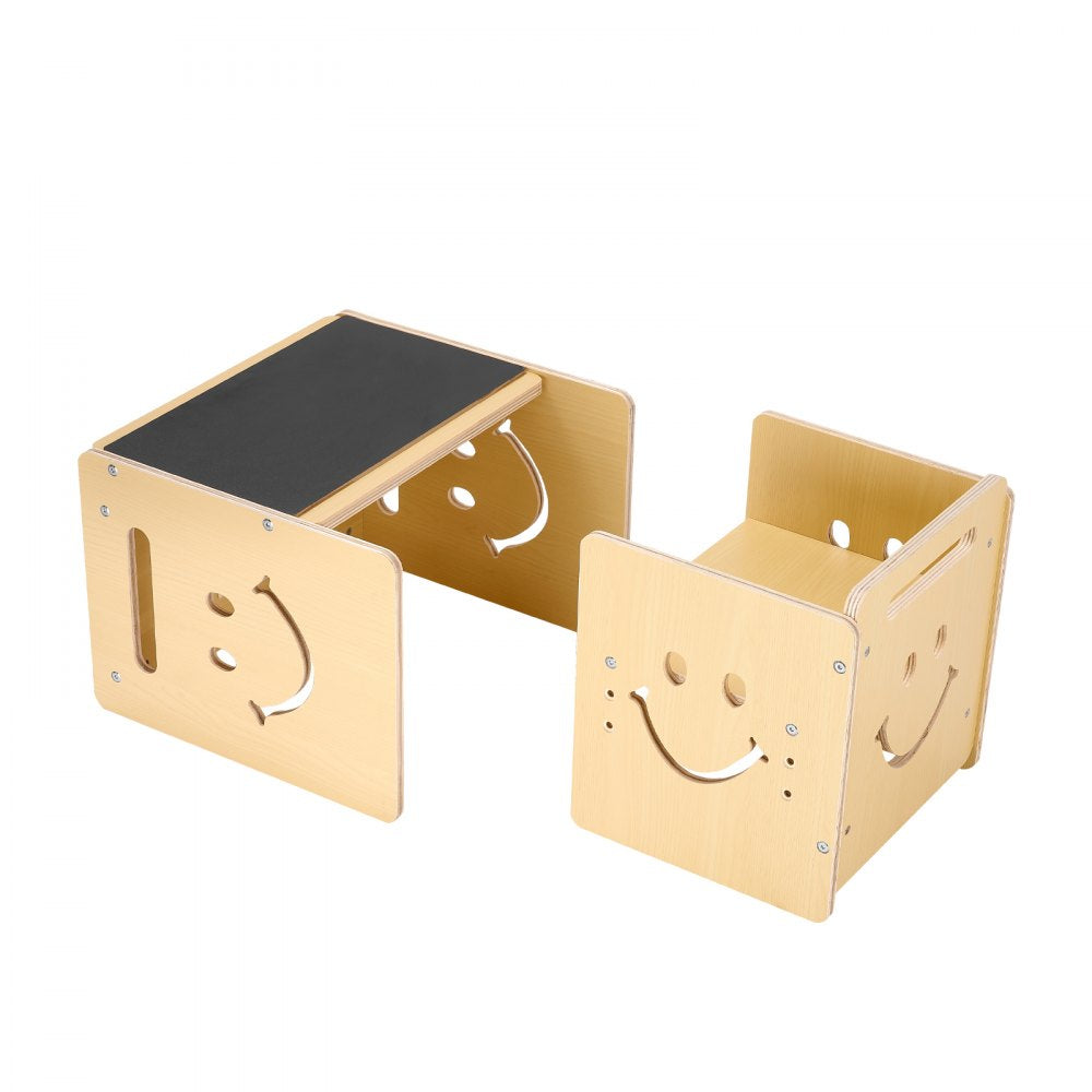 VEVOR Montessori Weaning Table and Chair Set, 3 In 1 Wooden Toddler Table and Chairs with Chalkboard, Adjustable Height Montessori Table for Ages 1-5, Ideal for Drawing, Reading, Eating - Natural