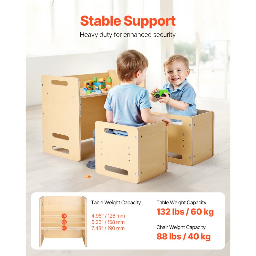 VEVOR Montessori Weaning Table and Chair Set, Wooden Toddler Table and Chair Set with 2 Chairs, Adjustable Height Montessori Chair and Activity Table, Ideal for Reading, Eating, Playing - Natural