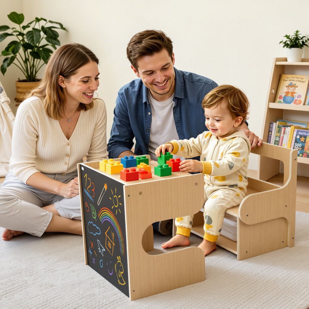 VEVOR Montessori Weaning Table and Chair Set, Wooden, Kids Table and Chair Set for Toddlers 1-5, Step Stool with Blackboard and Storage Space, Easy to Clean, for Eating, Drawing, Reading, Playing