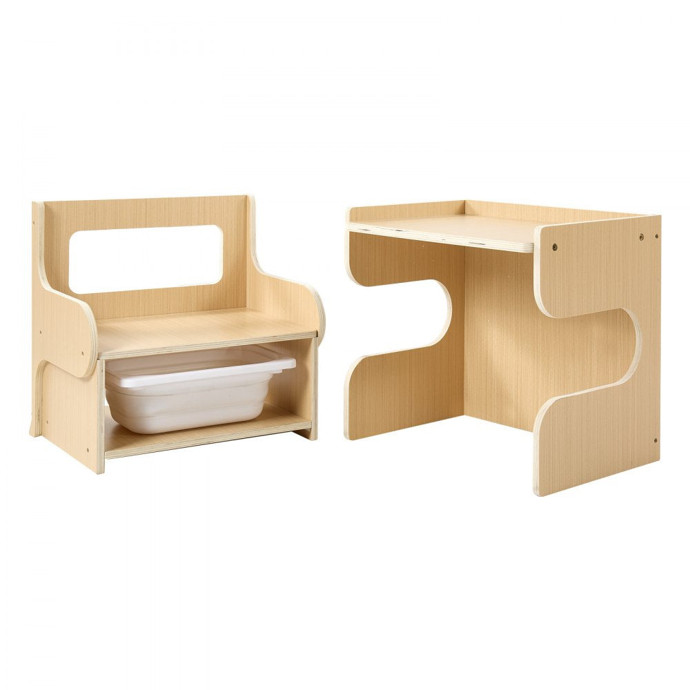 VEVOR Montessori Weaning Table and Chair Set, Wooden, Kids Table and Chair Set for Toddlers 1-5, Step Stool with Blackboard and Storage Space, Easy to Clean, for Eating, Drawing, Reading, Playing