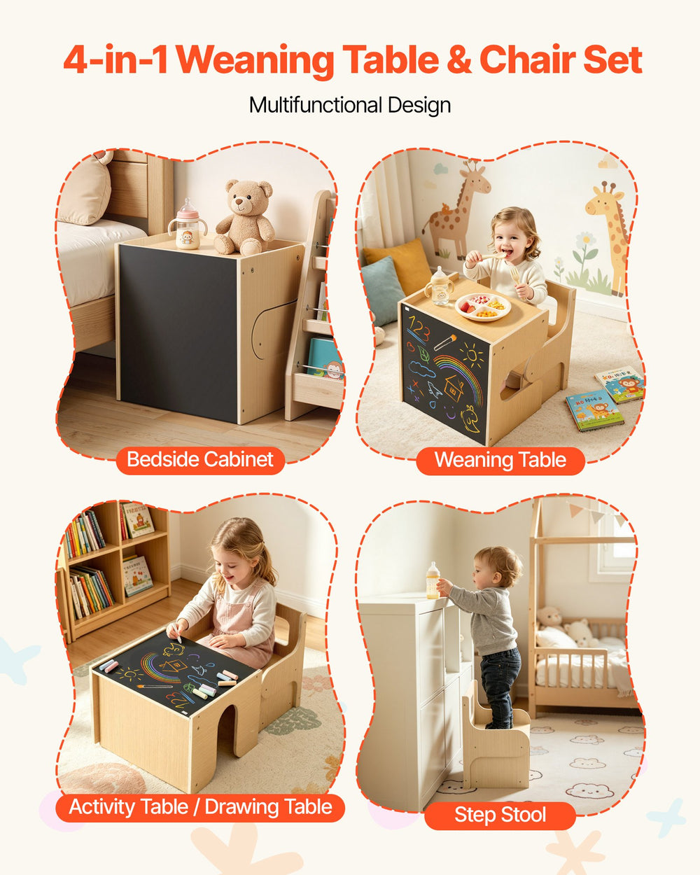 VEVOR Montessori Weaning Table and Chair Set, Wooden, Kids Table and Chair Set for Toddlers 1-5, Step Stool with Blackboard and Storage Space, Easy to Clean, for Eating, Drawing, Reading, Playing