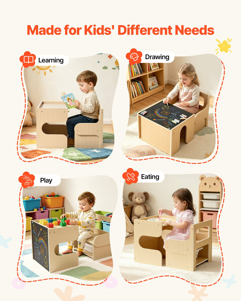 VEVOR Montessori Weaning Table and Chair Set, Wooden, Kids Table and Chair Set for Toddlers 1-5, Step Stool with Blackboard and Storage Space, Easy to Clean, for Eating, Drawing, Reading, Playing