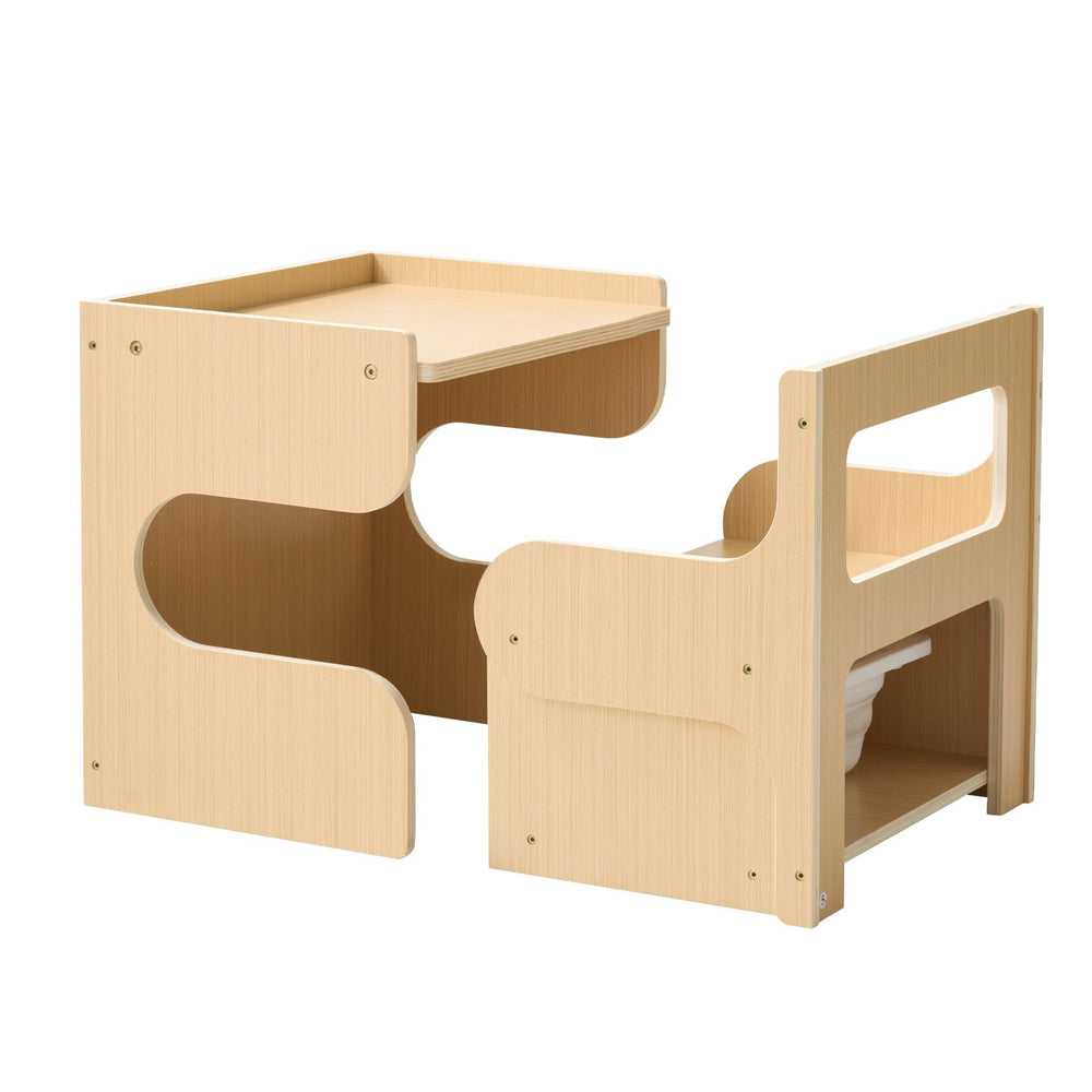 VEVOR Montessori Weaning Table and Chair Set, Wooden, Kids Table and Chair Set for Toddlers 1-5, Step Stool with Blackboard and Storage Space, Easy to Clean, for Eating, Drawing, Reading, Playing