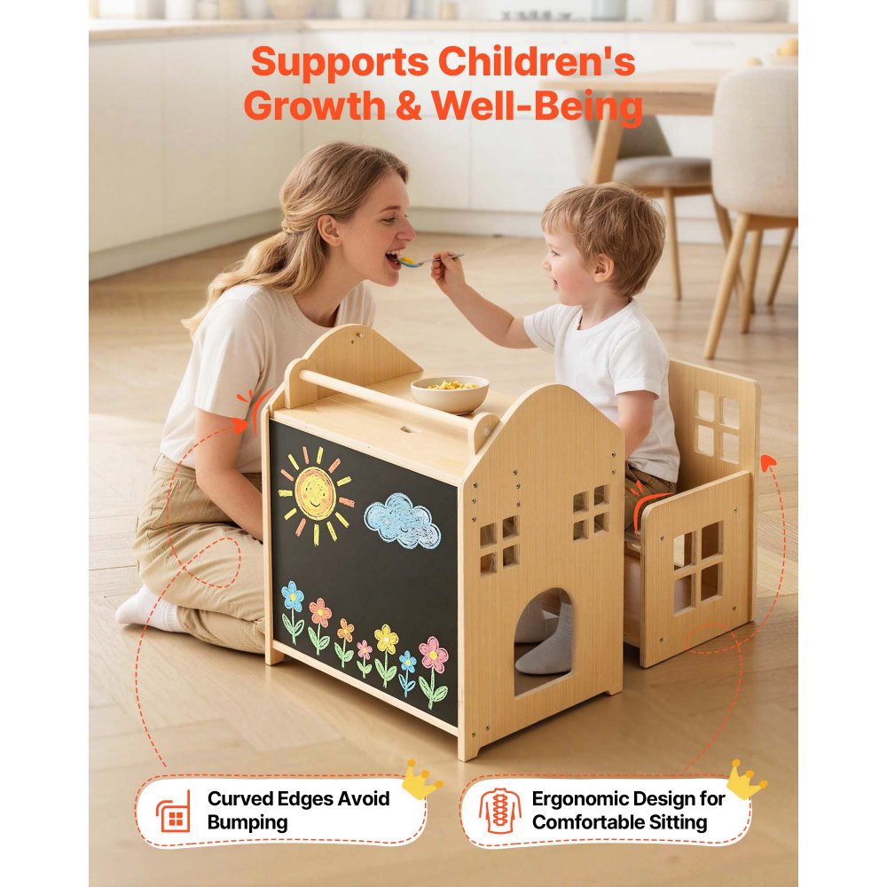 VEVOR Montessori Weaning Table and Chair Set, Wooden, 3 in 1 Kids Table and Chair Set for Toddlers 1-5, with Detachable Chalkboard, 0°& 35°Angles, Easy to Clean, for Eating Drawing Reading Playing