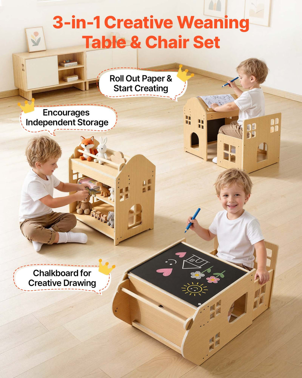 VEVOR Montessori Weaning Table and Chair Set, Wooden, 3 in 1 Kids Table and Chair Set for Toddlers 1-5, with Detachable Chalkboard, 0°& 35°Angles, Easy to Clean, for Eating Drawing Reading Playing