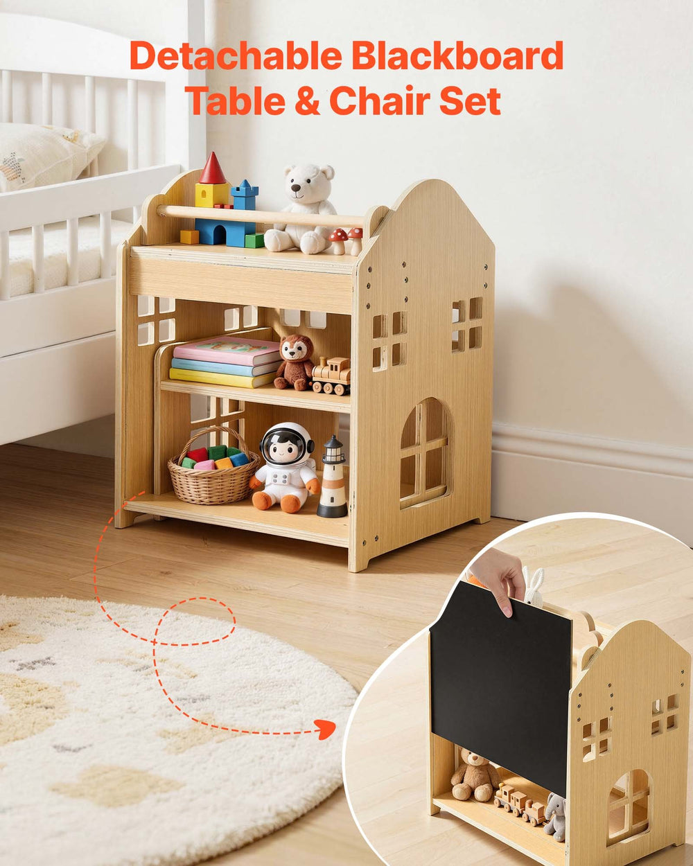 VEVOR Montessori Weaning Table and Chair Set, Wooden, 3 in 1 Kids Table and Chair Set for Toddlers 1-5, with Detachable Chalkboard, 0°& 35°Angles, Easy to Clean, for Eating Drawing Reading Playing