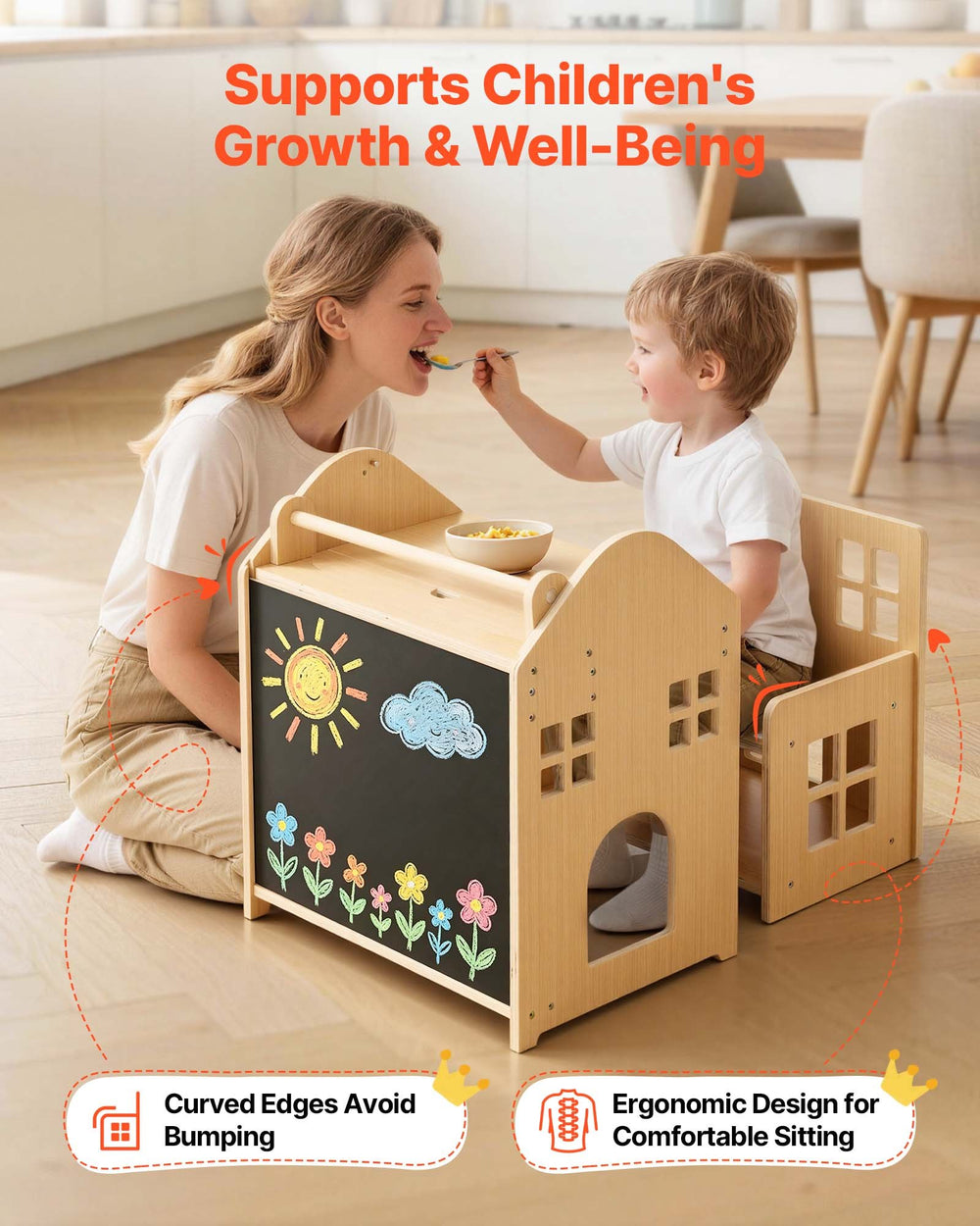 VEVOR Montessori Weaning Table and Chair Set, Wooden, 3 in 1 Kids Table and Chair Set for Toddlers 1-5, with Detachable Chalkboard, 0°& 35°Angles, Easy to Clean, for Eating Drawing Reading Playing