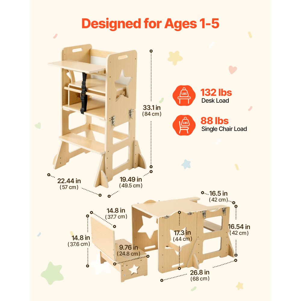 VEVOR Toddler Tower, Wooden, 6 in 1 Kitchen Step Stool for Kids 1-5, Montessori Weaning Table and Chair Set, Learning Standing Tower with Blackboard & Feeding Tray, for Bathroom and Kitchen Counter