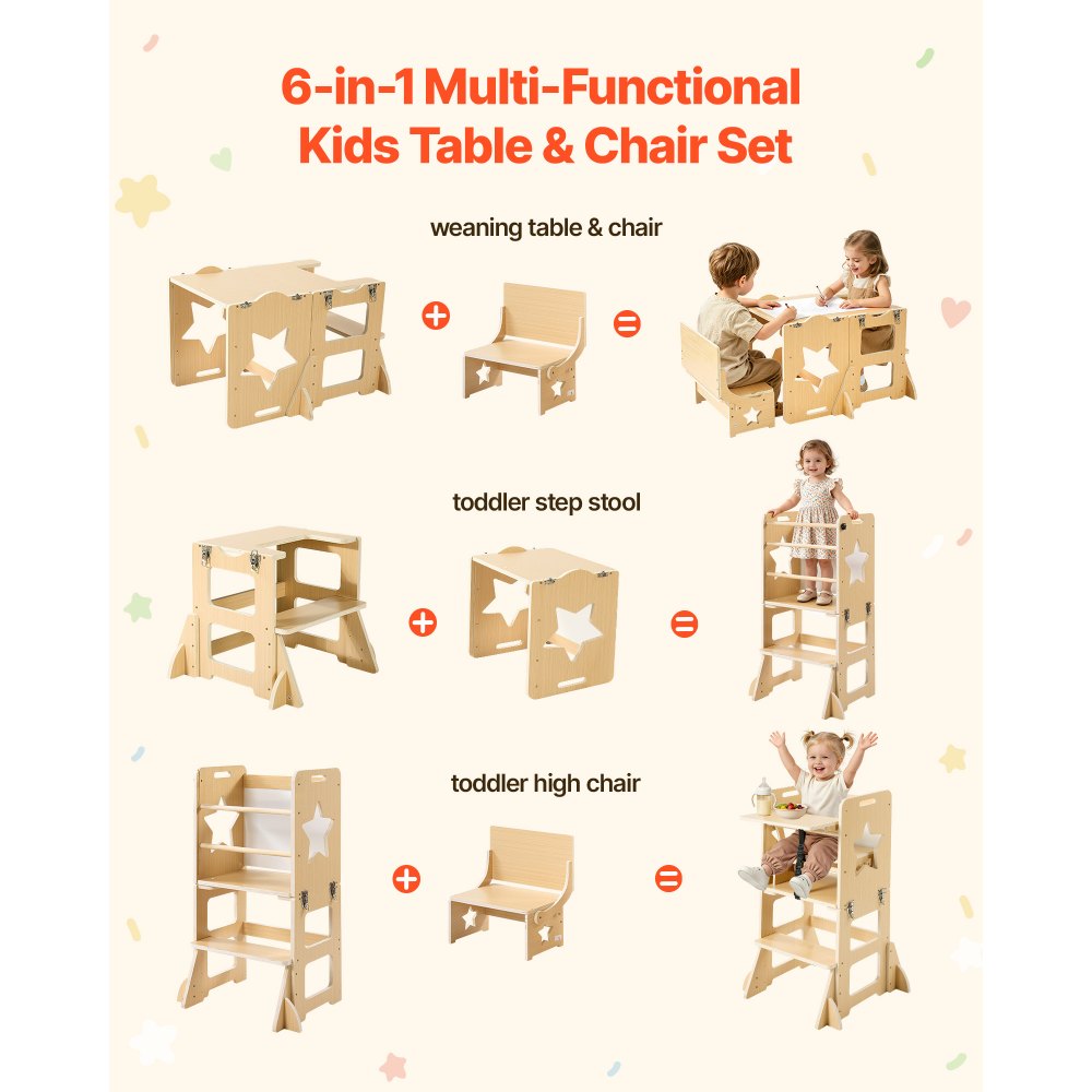 VEVOR Toddler Tower, Wooden, 6 in 1 Kitchen Step Stool for Kids 1-5, Montessori Weaning Table and Chair Set, Learning Standing Tower with Blackboard & Feeding Tray, for Bathroom and Kitchen Counter