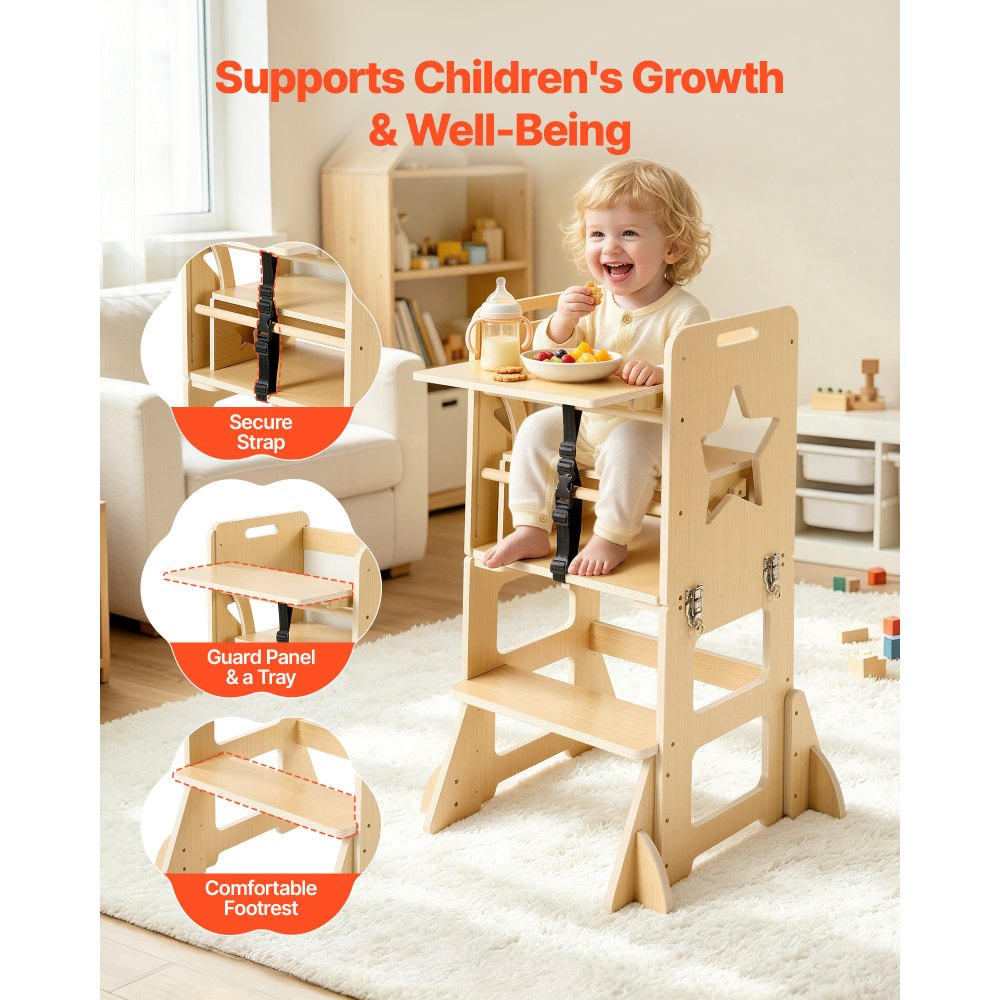 VEVOR Toddler Tower, Wooden, 6 in 1 Kitchen Step Stool for Kids 1-5, Montessori Weaning Table and Chair Set, Learning Standing Tower with Blackboard & Feeding Tray, for Bathroom and Kitchen Counter