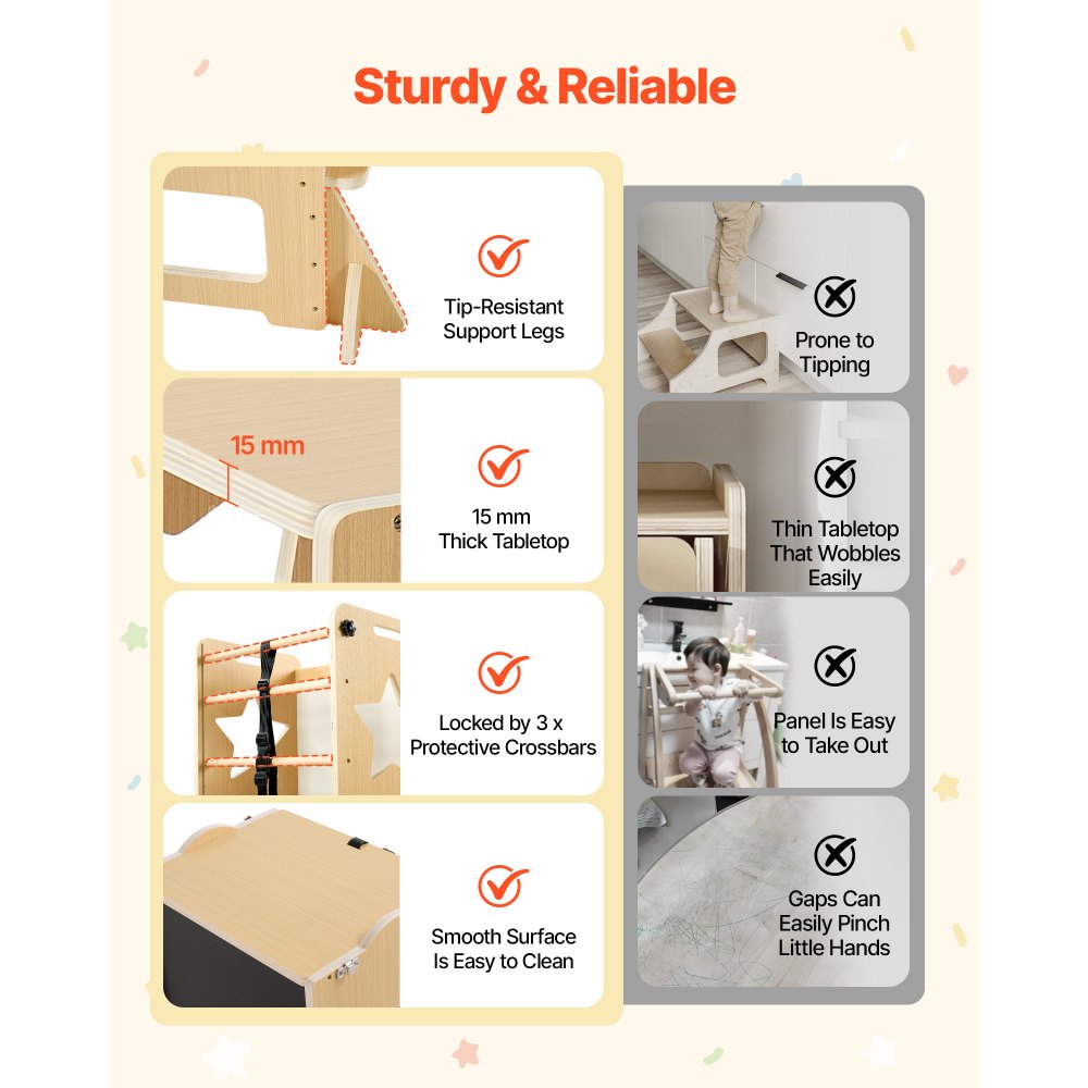 VEVOR Toddler Tower, Wooden, 6 in 1 Kitchen Step Stool for Kids 1-5, Montessori Weaning Table and Chair Set, Learning Standing Tower with Blackboard & Feeding Tray, for Bathroom and Kitchen Counter