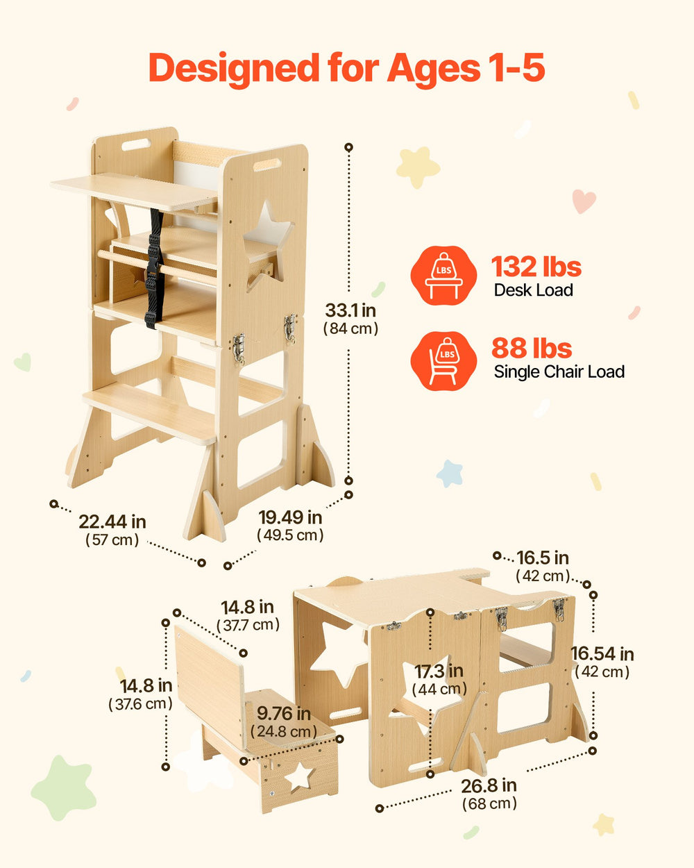 VEVOR Toddler Tower, Wooden, 6 in 1 Kitchen Step Stool for Kids 1-5, Montessori Weaning Table and Chair Set, Learning Standing Tower with Blackboard & Feeding Tray, for Bathroom and Kitchen Counter