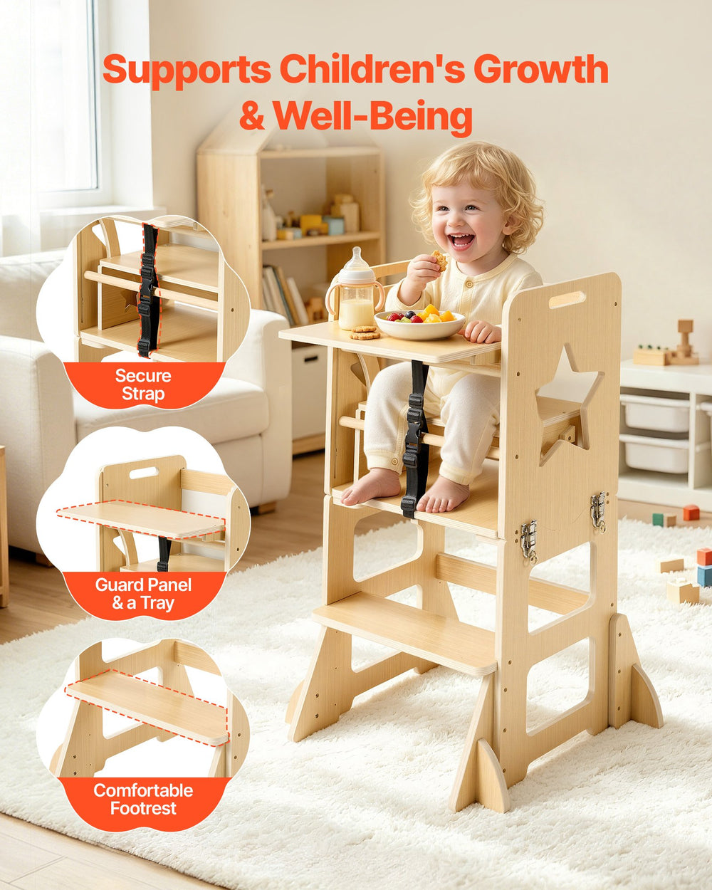 VEVOR Toddler Tower, Wooden, 6 in 1 Kitchen Step Stool for Kids 1-5, Montessori Weaning Table and Chair Set, Learning Standing Tower with Blackboard & Feeding Tray, for Bathroom and Kitchen Counter