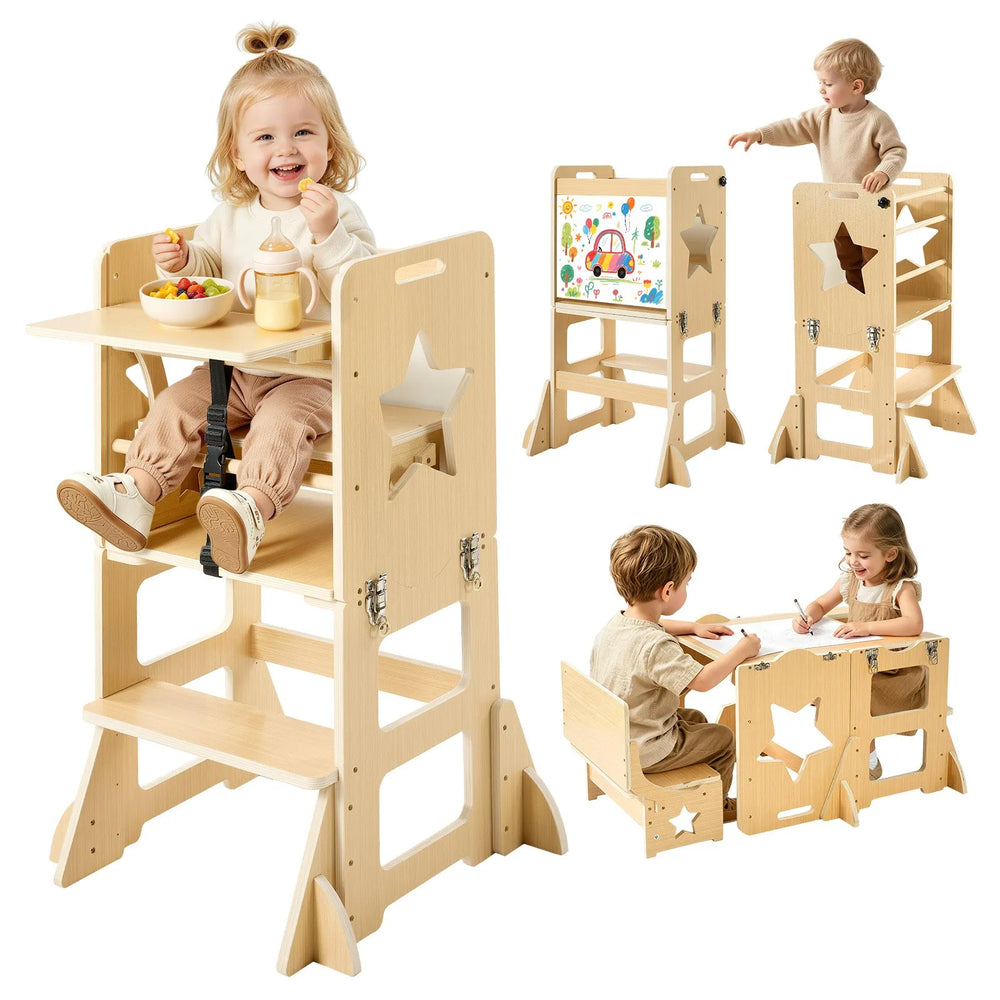 VEVOR Toddler Tower, Wooden, 6 in 1 Kitchen Step Stool for Kids 1-5, Montessori Weaning Table and Chair Set, Learning Standing Tower with Blackboard & Feeding Tray, for Bathroom and Kitchen Counter