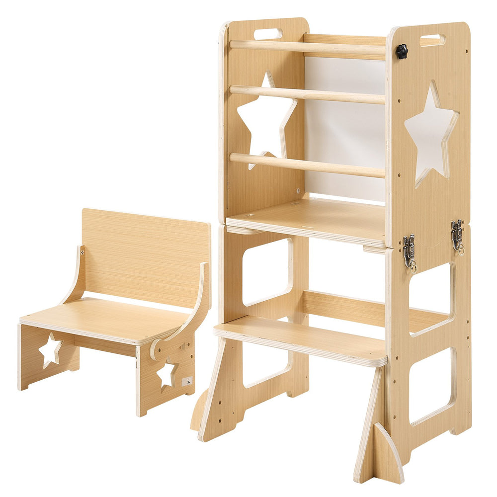 VEVOR Toddler Tower, Wooden, 6 in 1 Kitchen Step Stool for Kids 1-5, Montessori Weaning Table and Chair Set, Learning Standing Tower with Blackboard & Feeding Tray, for Bathroom and Kitchen Counter