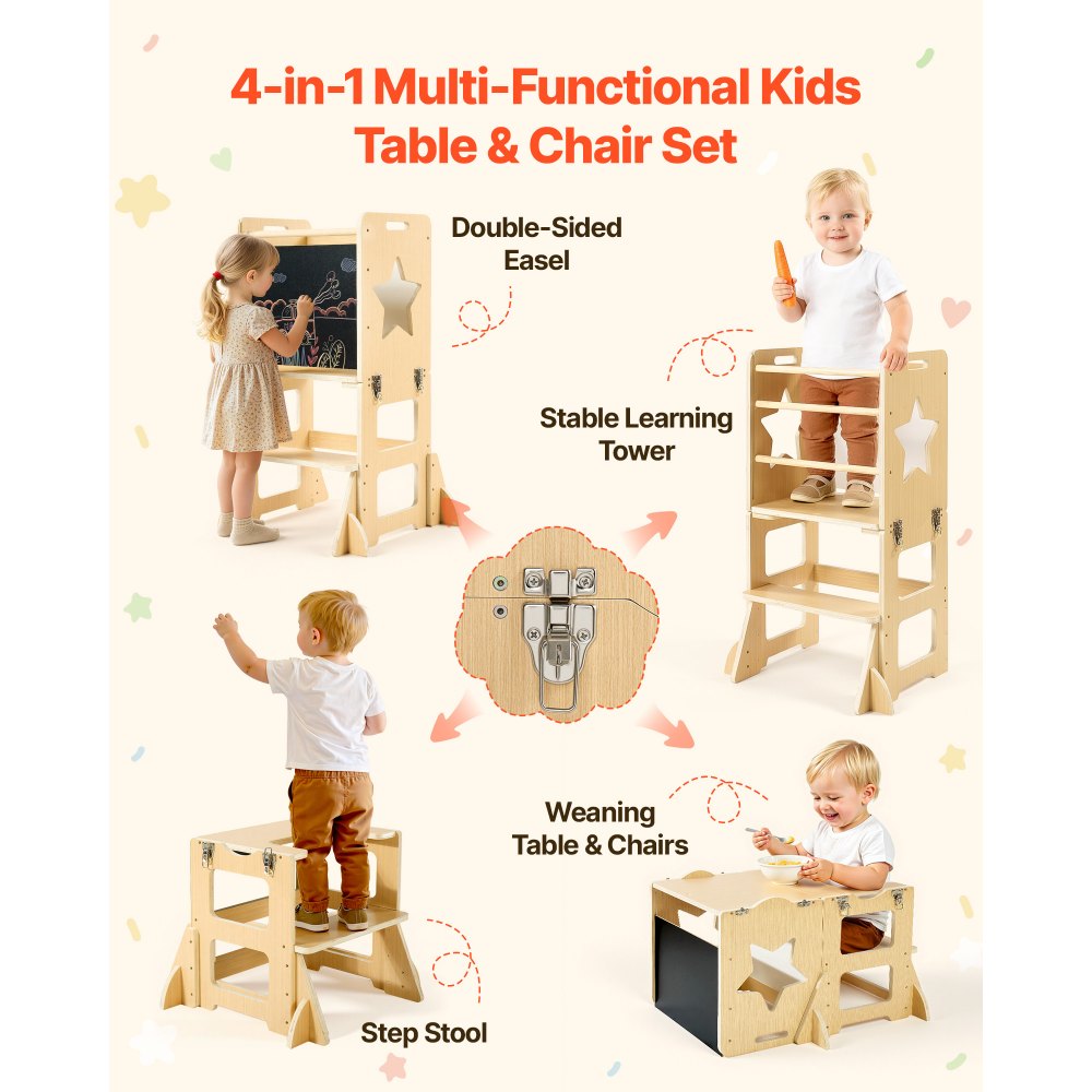 VEVOR Toddler Tower, Wooden, 4 in 1 Kitchen Step Stool for Kids 1-5, Montessori Weaning Table and Chair Set, Learning Standing Tower with Chalkboard, Easy to Clean, for Bathroom and Kitchen Counter