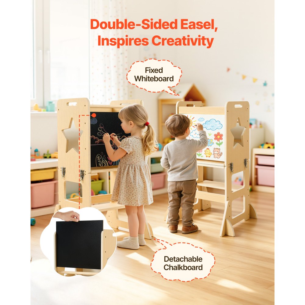 VEVOR Toddler Tower, Wooden, 4 in 1 Kitchen Step Stool for Kids 1-5, Montessori Weaning Table and Chair Set, Learning Standing Tower with Chalkboard, Easy to Clean, for Bathroom and Kitchen Counter