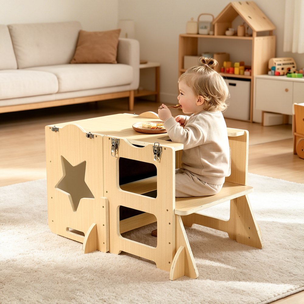 VEVOR Toddler Tower, Wooden, 4 in 1 Kitchen Step Stool for Kids 1-5, Montessori Weaning Table and Chair Set, Learning Standing Tower with Chalkboard, Easy to Clean, for Bathroom and Kitchen Counter