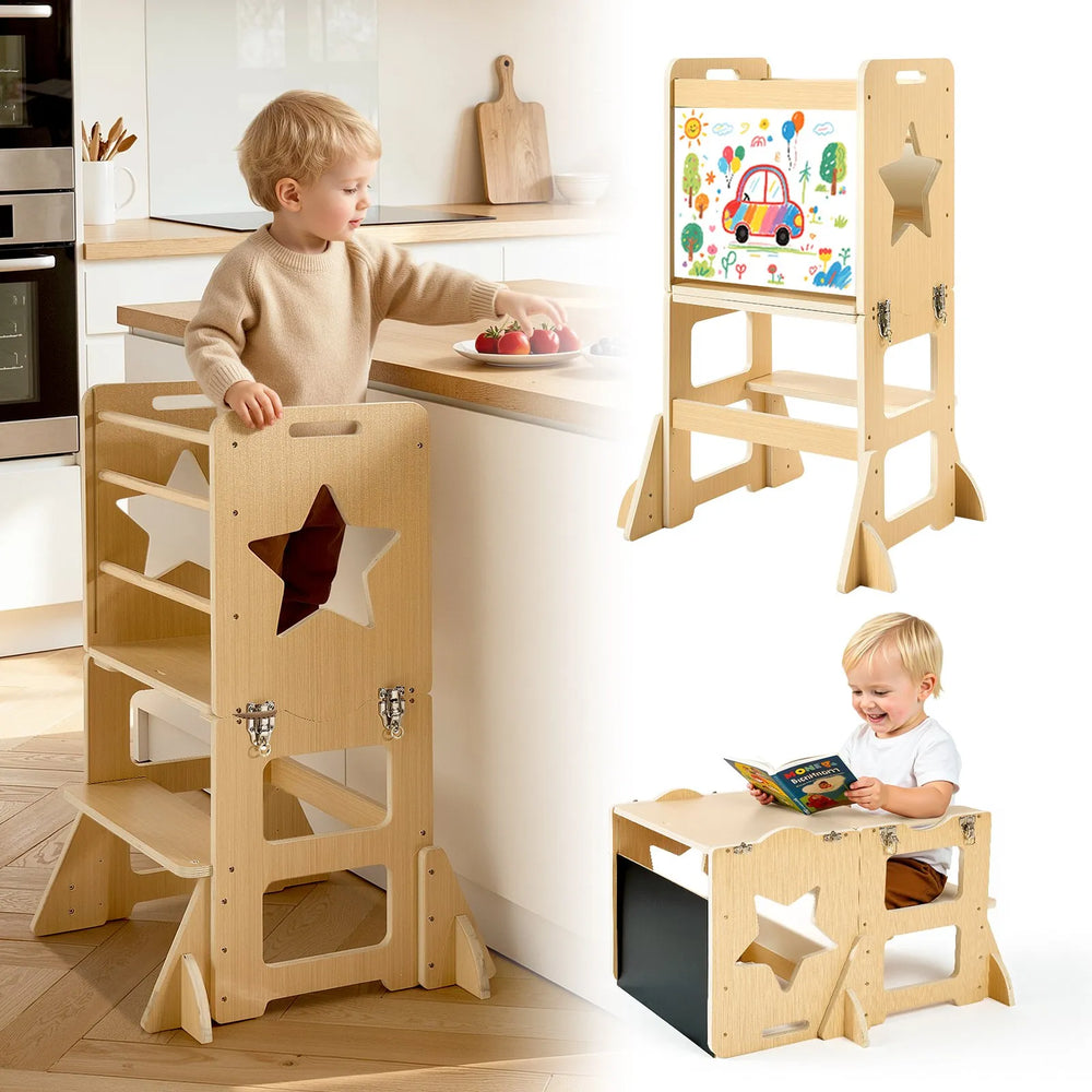 VEVOR Toddler Tower, Wooden, 4 in 1 Kitchen Step Stool for Kids 1-5, Montessori Weaning Table and Chair Set, Learning Standing Tower with Chalkboard, Easy to Clean, for Bathroom and Kitchen Counter