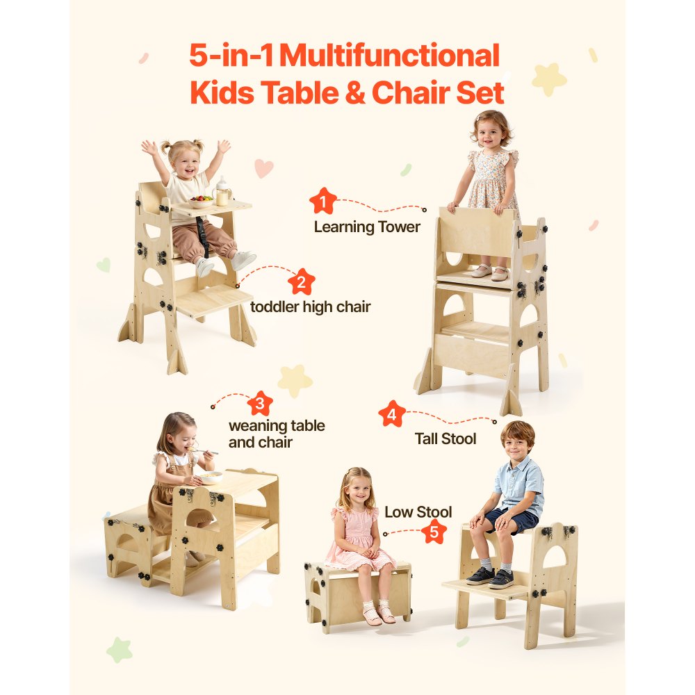 VEVOR Toddler Tower, Wooden, Adjustable Kitchen Step Stool for Kids 1-5, Montessori Weaning Table and Chair Set, Learning Standing Tower with Chalkboard, Backrest, for Bathroom and Kitchen Counter