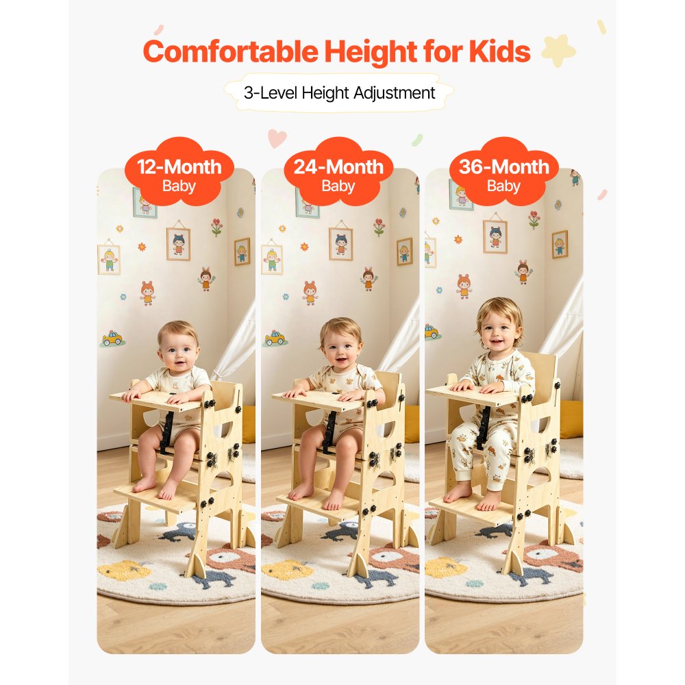 VEVOR Toddler Tower, Wooden, Adjustable Kitchen Step Stool for Kids 1-5, Montessori Weaning Table and Chair Set, Learning Standing Tower with Chalkboard, Backrest, for Bathroom and Kitchen Counter