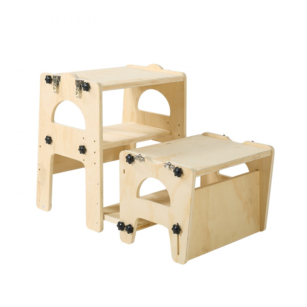 VEVOR Toddler Tower, Wooden, Adjustable Kitchen Step Stool for Kids 1-5, Montessori Weaning Table and Chair Set, Learning Standing Tower with Chalkboard, Backrest, for Bathroom and Kitchen Counter