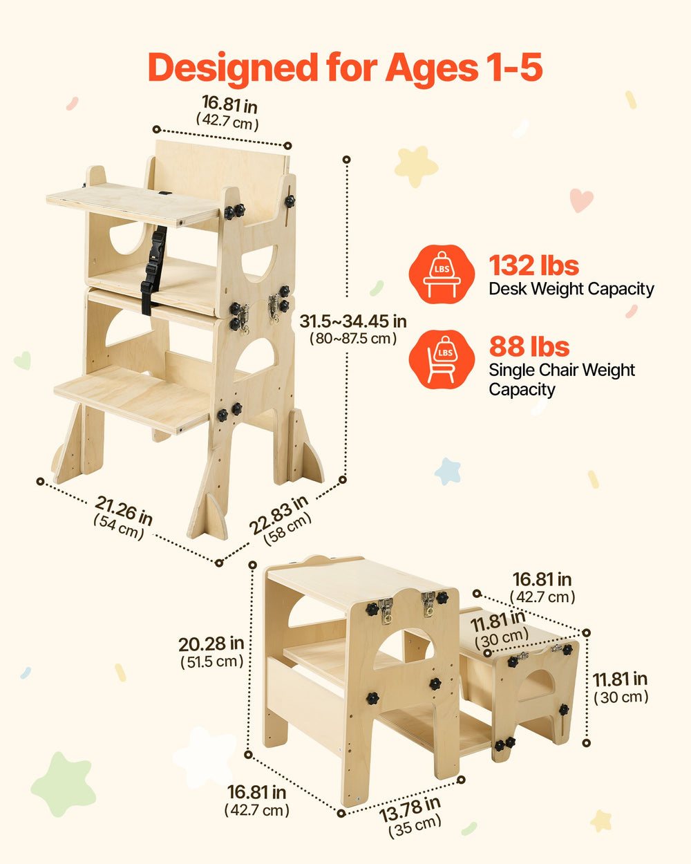 VEVOR Toddler Tower, Wooden, Adjustable Kitchen Step Stool for Kids 1-5, Montessori Weaning Table and Chair Set, Learning Standing Tower with Chalkboard, Backrest, for Bathroom and Kitchen Counter