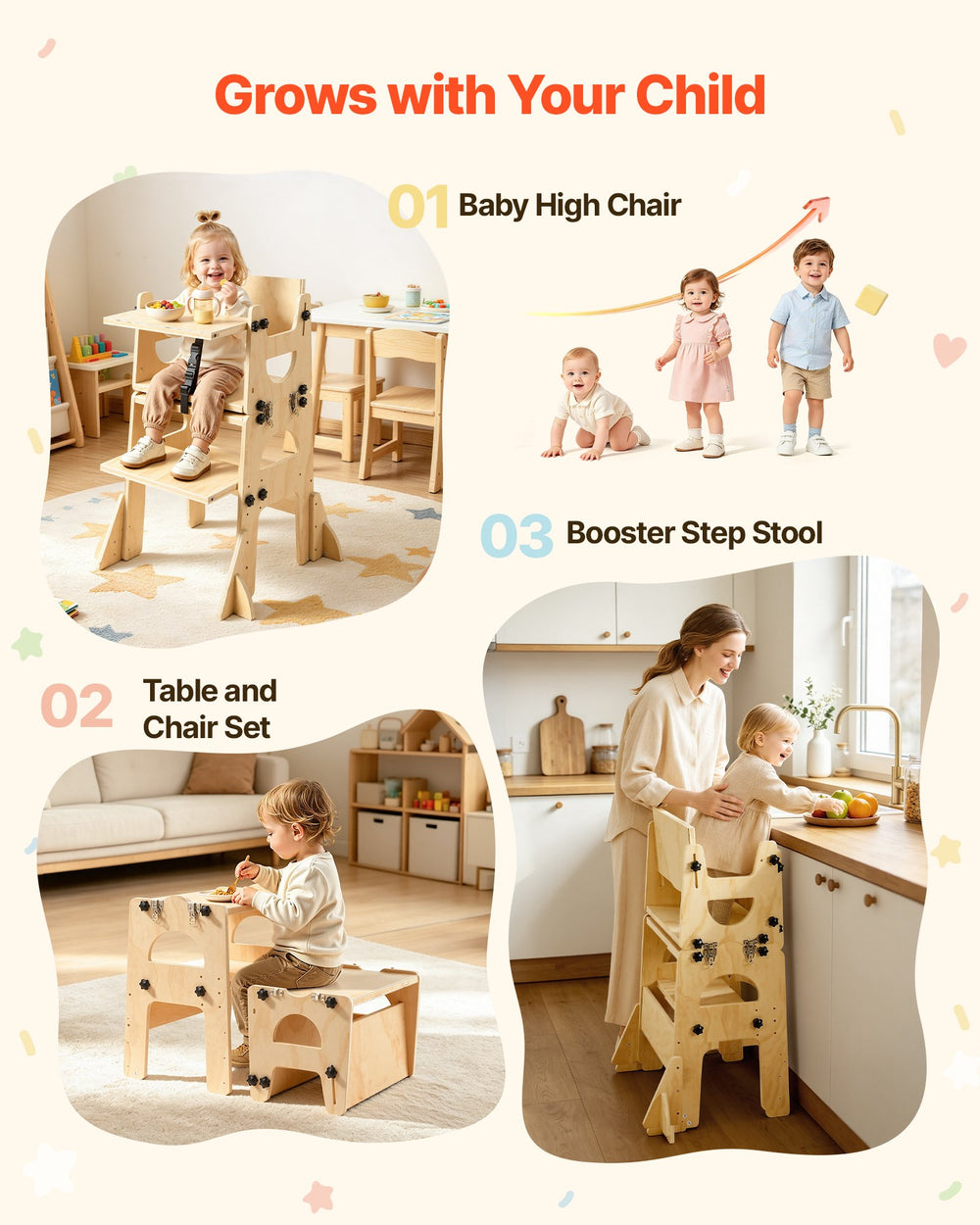 VEVOR Toddler Tower, Wooden, Adjustable Kitchen Step Stool for Kids 1-5, Montessori Weaning Table and Chair Set, Learning Standing Tower with Chalkboard, Backrest, for Bathroom and Kitchen Counter