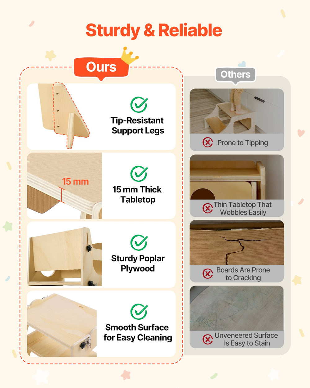 VEVOR Toddler Tower, Wooden, Adjustable Kitchen Step Stool for Kids 1-5, Montessori Weaning Table and Chair Set, Learning Standing Tower with Chalkboard, Backrest, for Bathroom and Kitchen Counter