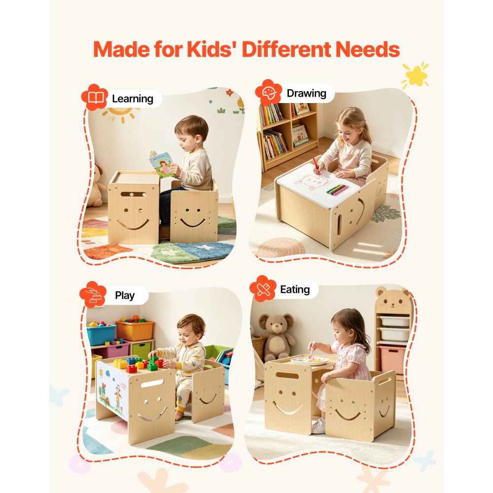 VEVOR Montessori Weaning Table and Chair Set, Wooden, Kids Table and Chair Set for Toddlers 1-5, Step Stool with Whiteboard and 3 Heights Adjustable, Easy to Clean, for Eating Drawing Reading Playing