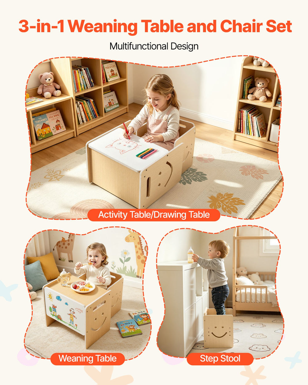 VEVOR Montessori Weaning Table and Chair Set, Wooden, Kids Table and Chair Set for Toddlers 1-5, Step Stool with Whiteboard and 3 Heights Adjustable, Easy to Clean, for Eating Drawing Reading Playing