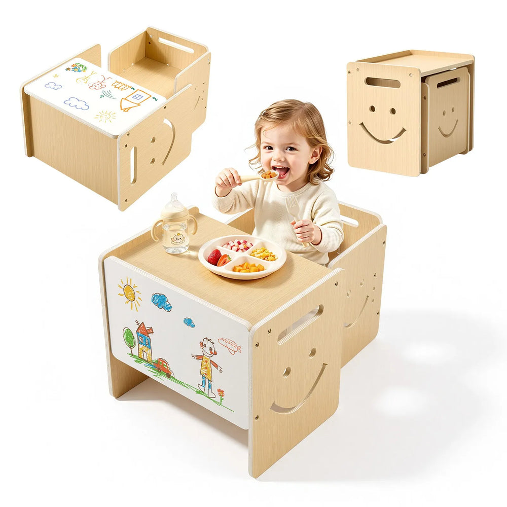 VEVOR Montessori Weaning Table and Chair Set, Wooden, Kids Table and Chair Set for Toddlers 1-5, Step Stool with Whiteboard and 3 Heights Adjustable, Easy to Clean, for Eating Drawing Reading Playing