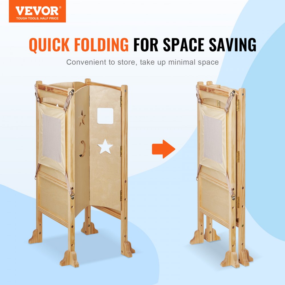 VEVOR Folding Step Stool for Toddlers, Adjustable 3-Height Kids Kitchen Step Stool, Solid Wood Children's Learning Tower with Safety Guard, Versatile for Kitchen, Bedroom, Bathroom