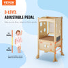 VEVOR Folding Step Stool for Toddlers, Adjustable 3-Height Kids Kitchen Step Stool, Solid Wood Children's Learning Tower with Safety Guard, Versatile for Kitchen, Bedroom, Bathroom