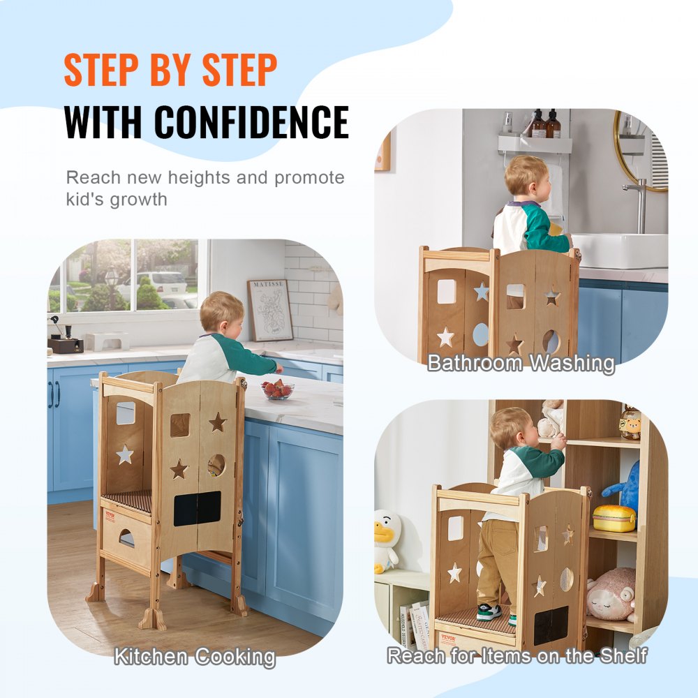 VEVOR Folding Step Stool for Toddlers, Adjustable 3-Height Kids Kitchen Step Stool, Solid Wood Children's Learning Tower with Safety Guard, Versatile for Kitchen, Bedroom, Bathroom