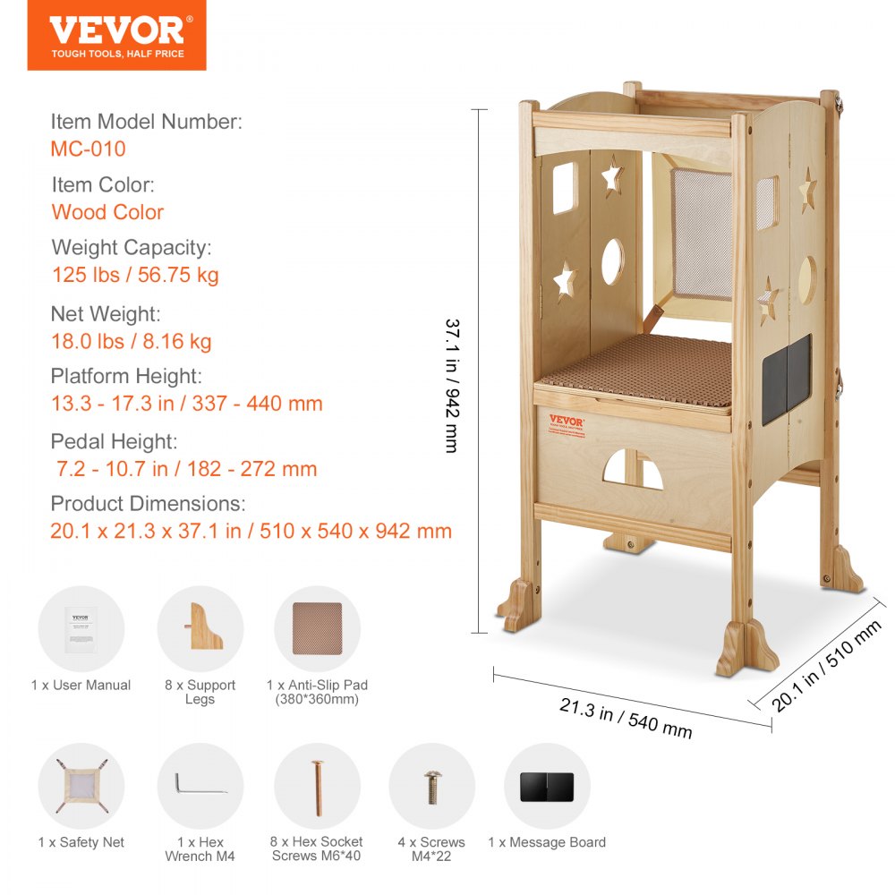 VEVOR Folding Step Stool for Toddlers, Adjustable 3-Height Kids Kitchen Step Stool, Solid Wood Children's Learning Tower with Safety Guard, Versatile for Kitchen, Bedroom, Bathroom