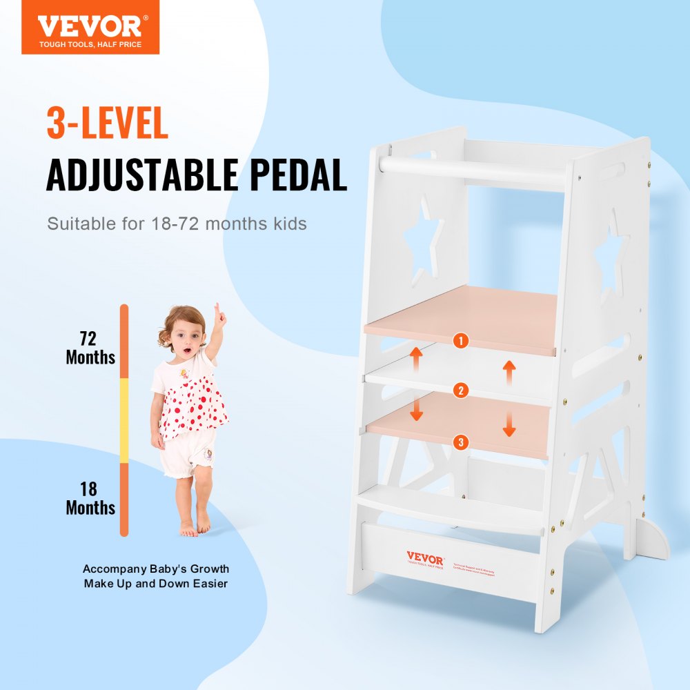 VEVOR Tower Step Stool, 3-Level Height Adjustable Toddler Step Stools for Kids, Kitchen Stool Helper, Bamboo Standing Tower Learning Stool with Safety Rail for Kitchen Counter Bathroom, 350LBS, White