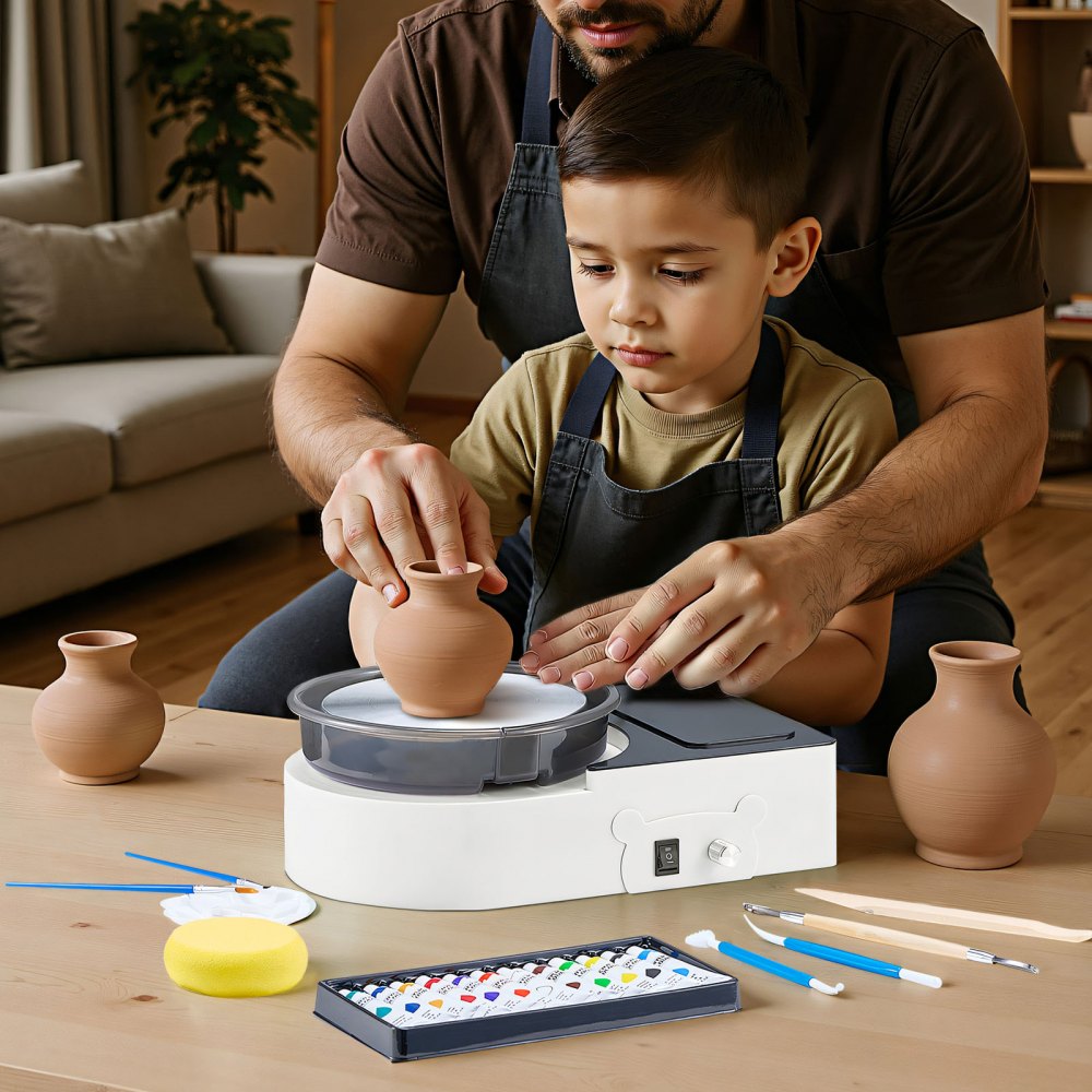 VEVOR Mini Pottery Wheel, 6 inch Turntable, Forward and Reverse Rotation, Adjustable Speed, Electric Clay Wheel for Kids and Adults, with Clay Shaping Tools, for Home DIY, Pottery Classes, White