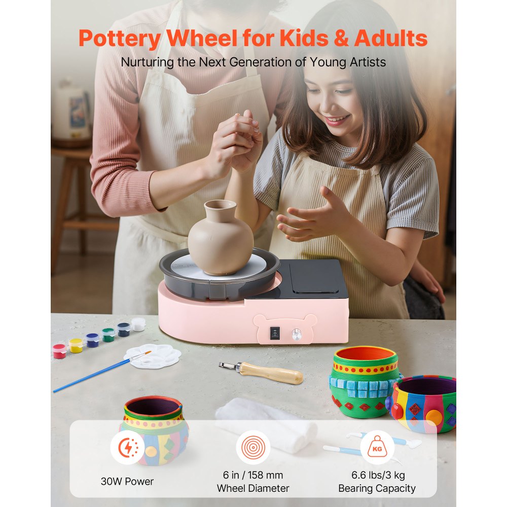 VEVOR Mini Pottery Wheel, 6 inch Turntable, Forward and Reverse Rotation, Adjustable Speed, Electric Clay Wheel for Kids and Adults, with Clay Shaping Tools, for Home DIY, Pottery Classes, Pink