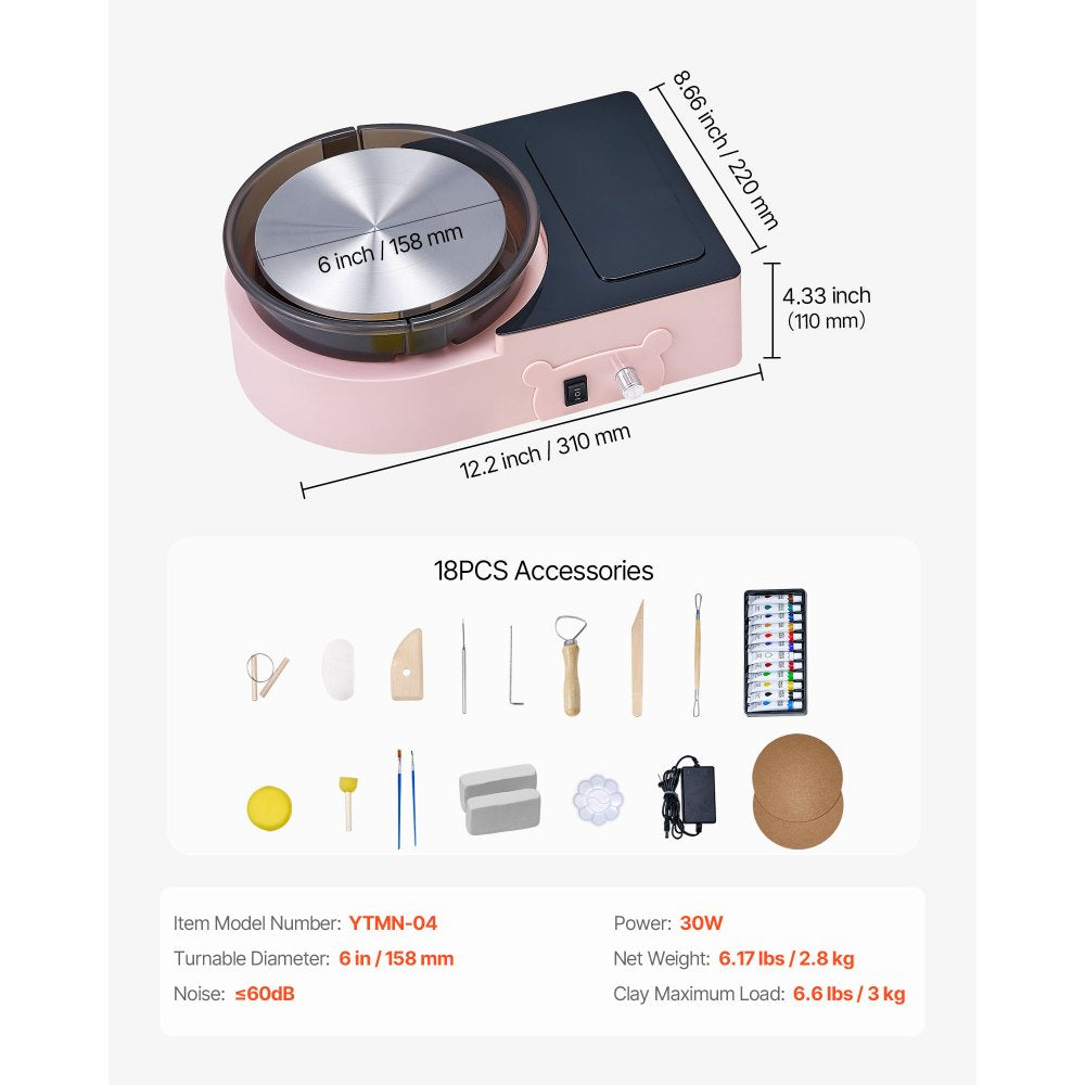 VEVOR Mini Pottery Wheel, 6 inch Turntable, Forward and Reverse Rotation, Adjustable Speed, Electric Clay Wheel for Kids and Adults, with Clay Shaping Tools, for Home DIY, Pottery Classes, Pink