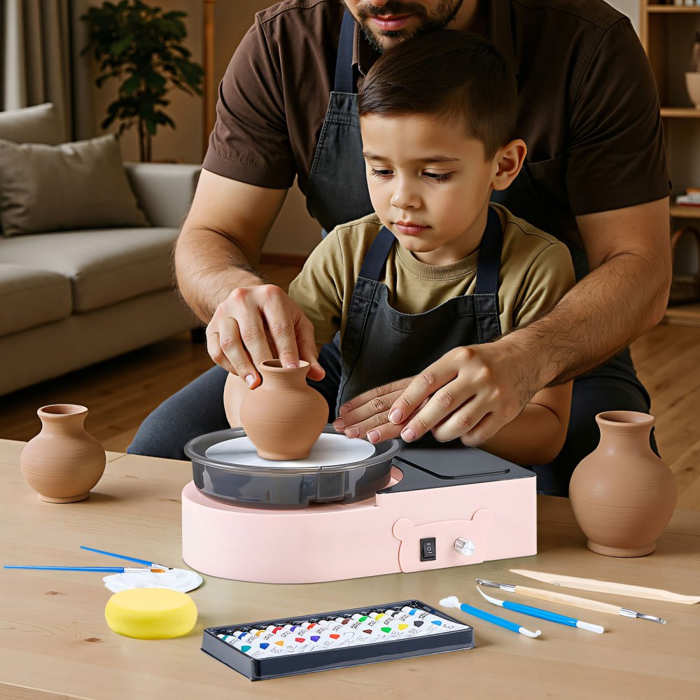 VEVOR Mini Pottery Wheel, 6 inch Turntable, Forward and Reverse Rotation, Adjustable Speed, Electric Clay Wheel for Kids and Adults, with Clay Shaping Tools, for Home DIY, Pottery Classes, Pink