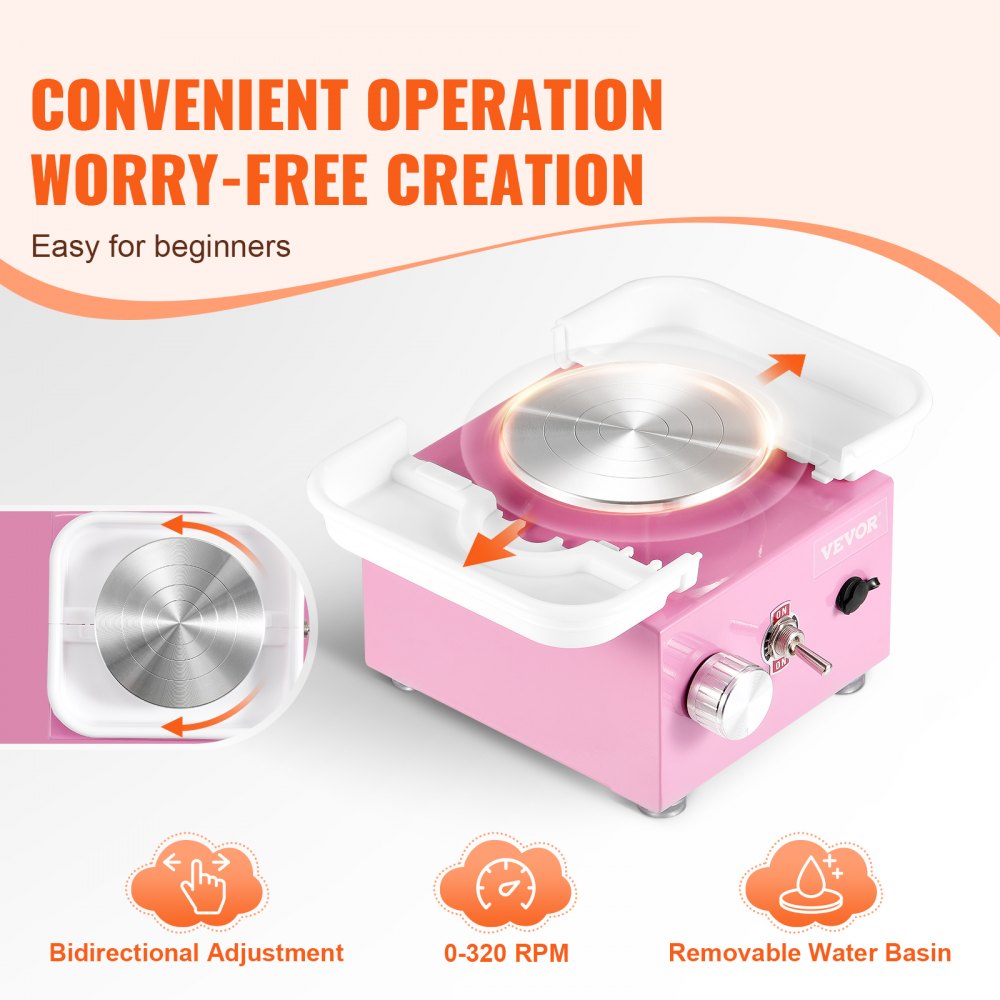 VEVOR Mini Pottery Wheel, 0-320RPM Adjustable Speed Detachable Basin Forming Machine, 2.56in/3.94in 2 Turntables Electric Ceramic Wheel Machine, 18pcs Accessories, for Art Craft Work Home DIY, Pink