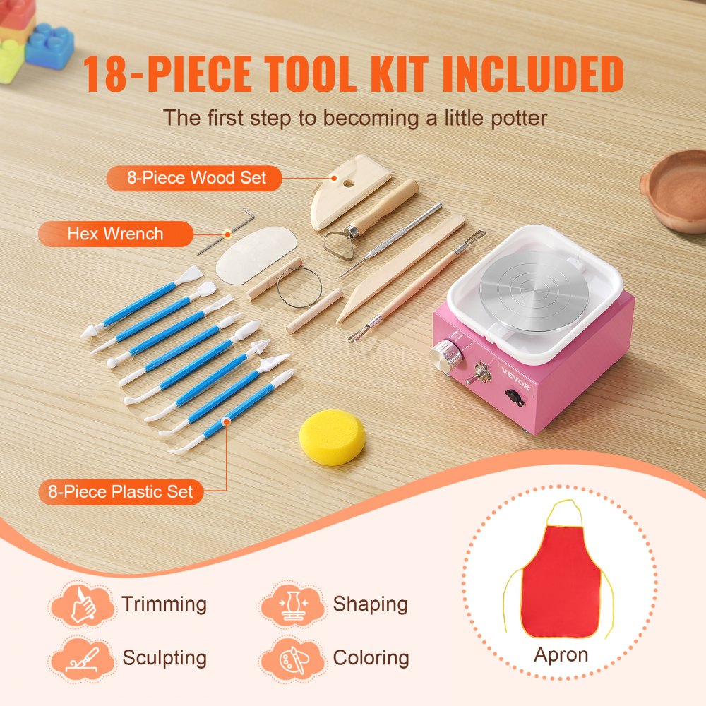 VEVOR Mini Pottery Wheel, 0-320RPM Adjustable Speed Detachable Basin Forming Machine, 2.56in/3.94in 2 Turntables Electric Ceramic Wheel Machine, 18pcs Accessories, for Art Craft Work Home DIY, Pink