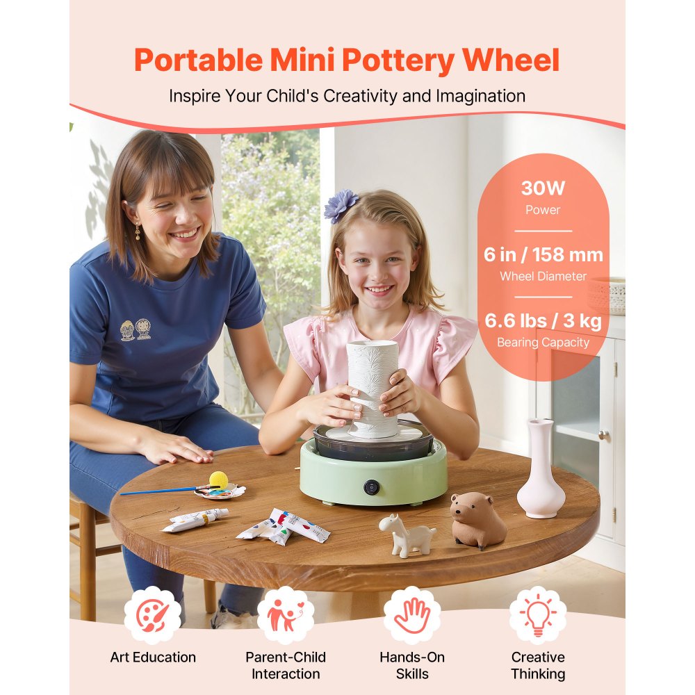 VEVOR Mini Pottery Wheel, 6 inch Turntable, Forward and Reverse Rotation, Adjustable Speed, Electric Clay Wheel for Kids and Beginners, with Shaping Tools, for Home DIY, Pottery Classes, Green