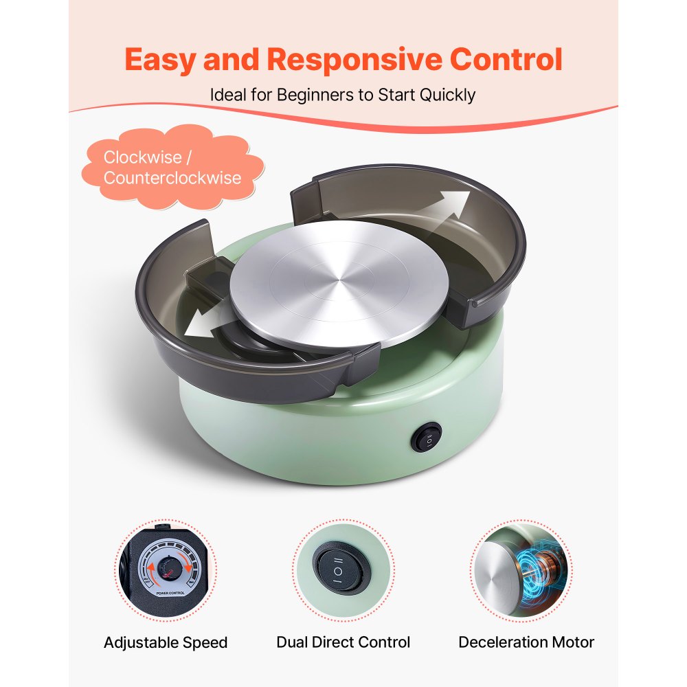 VEVOR Mini Pottery Wheel, 6 inch Turntable, Forward and Reverse Rotation, Adjustable Speed, Electric Clay Wheel for Kids and Beginners, with Shaping Tools, for Home DIY, Pottery Classes, Green